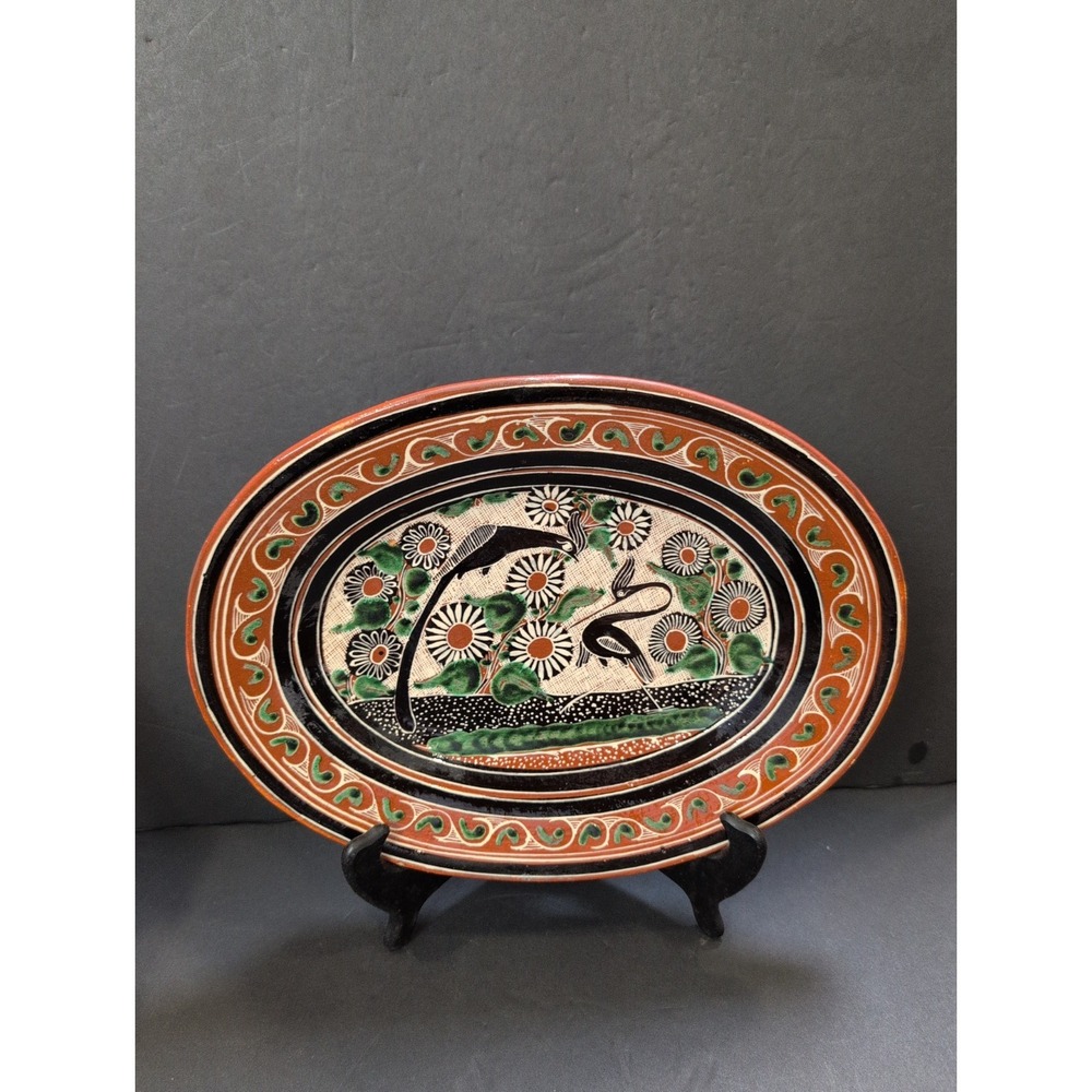 Vintage Jose Bernabe Tonala Jal Mexico Art Pottery Plate Red Clay Bird Signed